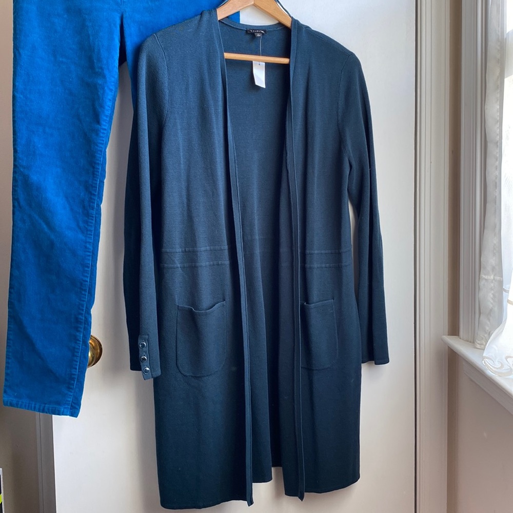Talbots dark teal blue/green Long Line Open Cardigan patch pockets NWT size M